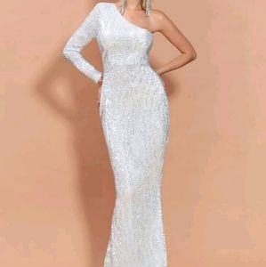 Sequin Silver Mermaid One Shoulder Bodycon Dress XL Prom Wedding Formal Glam